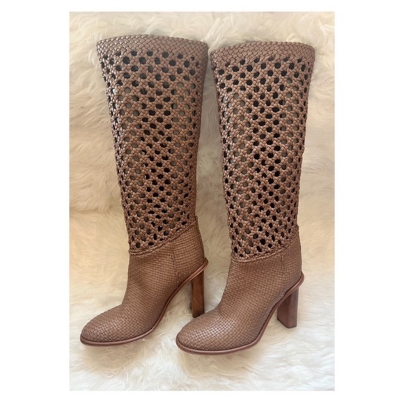 New! ULLA JOHNSON Hannah Woven Leather Knee-High Boots Square Heel
